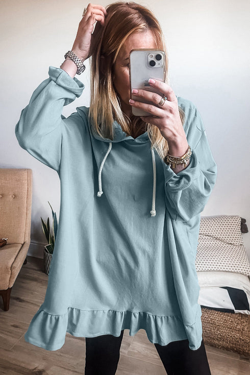 Relaxed Fit Ruffled Hem Drawstring Tunic Hoodie