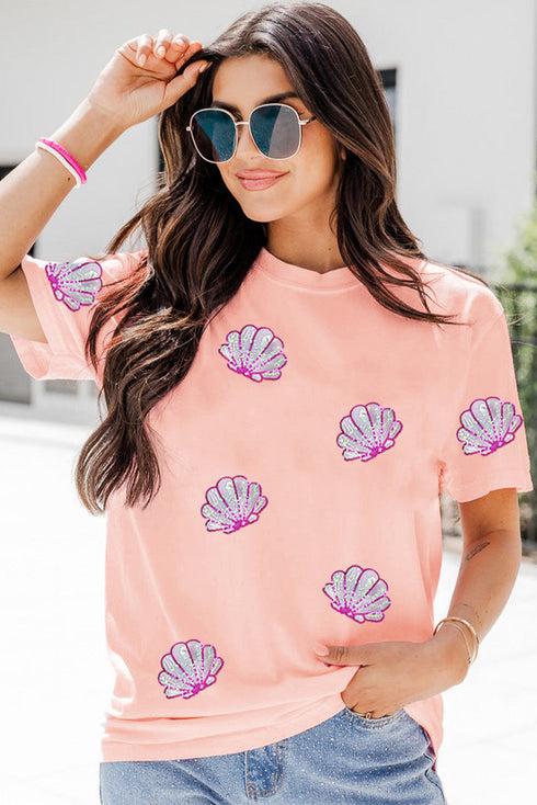 Relaxed Fit Sequin Seashell Patch Short Sleeve Tee