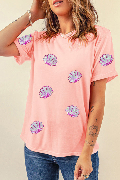 Relaxed Fit Sequin Seashell Patch Short Sleeve Tee