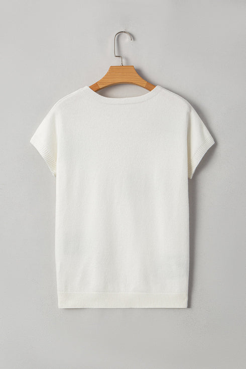Relaxed Fit Short Sleeve Bow Motif Knit Sweater