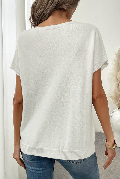 Relaxed Fit Short Sleeve Bow Motif Knit Sweater