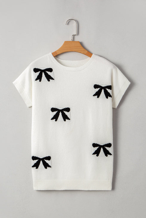 Relaxed Fit Short Sleeve Bow Motif Knit Sweater