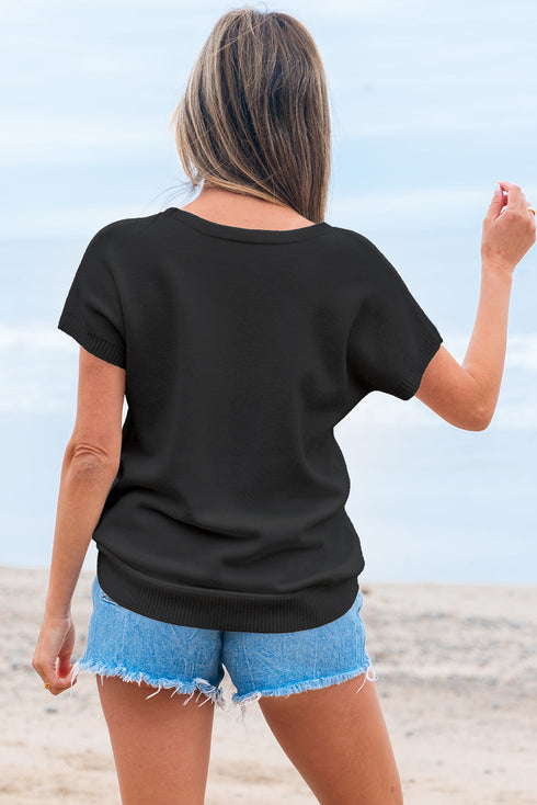 Relaxed Fit Short Sleeve Bow Motif Knit Sweater
