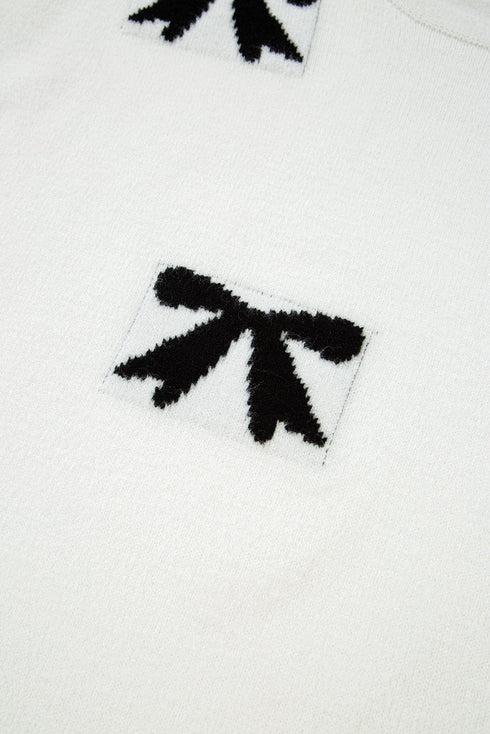 Relaxed Fit Short Sleeve Bow Motif Knit Sweater