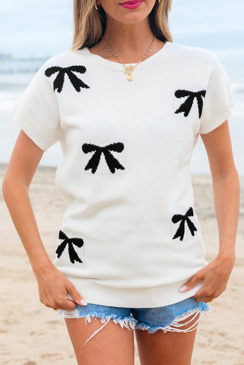 Relaxed Fit Short Sleeve Bow Motif Knit Sweater