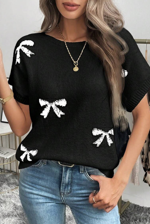 Relaxed Fit Short Sleeve Bow Motif Knit Sweater