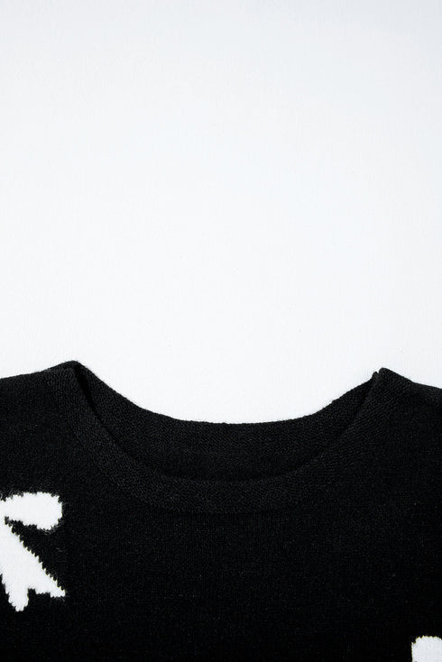 Relaxed Fit Short Sleeve Bow Motif Knit Sweater