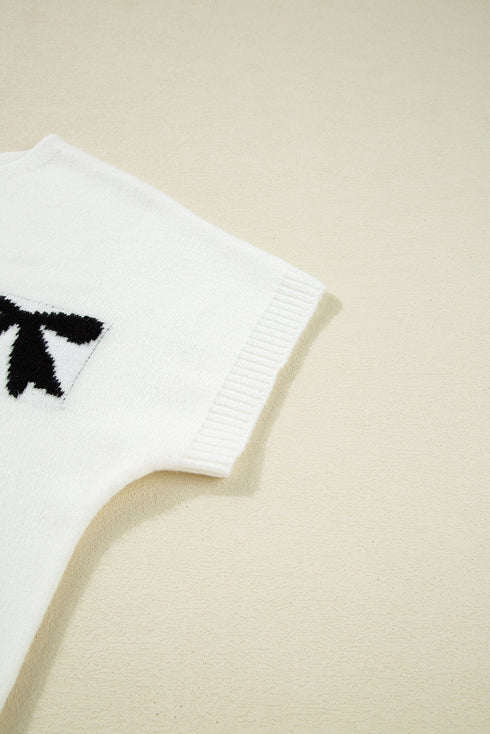 Relaxed Fit Short Sleeve Bow Motif Knit Sweater