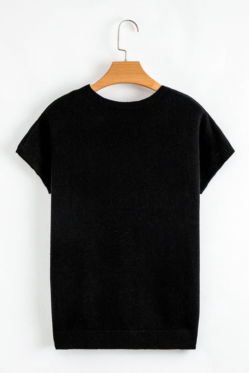 Relaxed Fit Short Sleeve Bow Motif Knit Sweater
