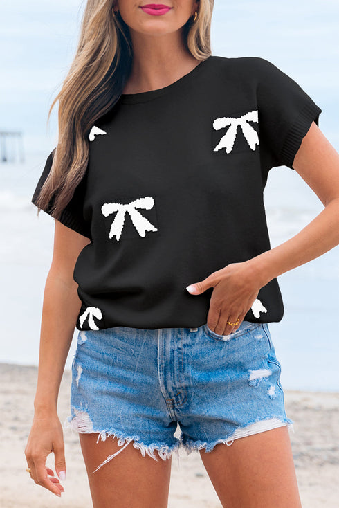 Relaxed Fit Short Sleeve Bow Motif Knit Sweater