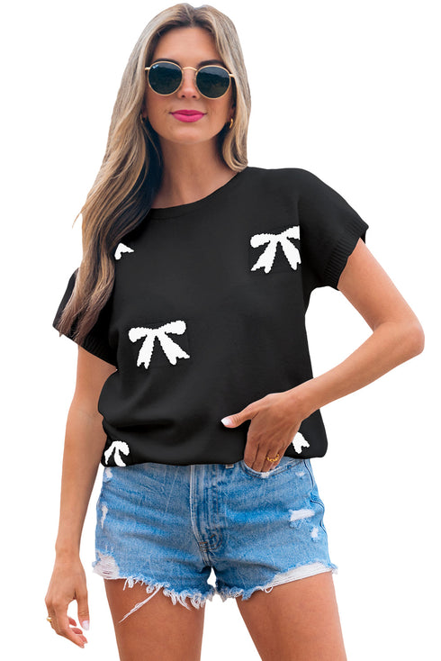 Relaxed Fit Short Sleeve Bow Motif Knit Sweater