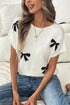 Relaxed Fit Short Sleeve Bow Motif Knit Sweater