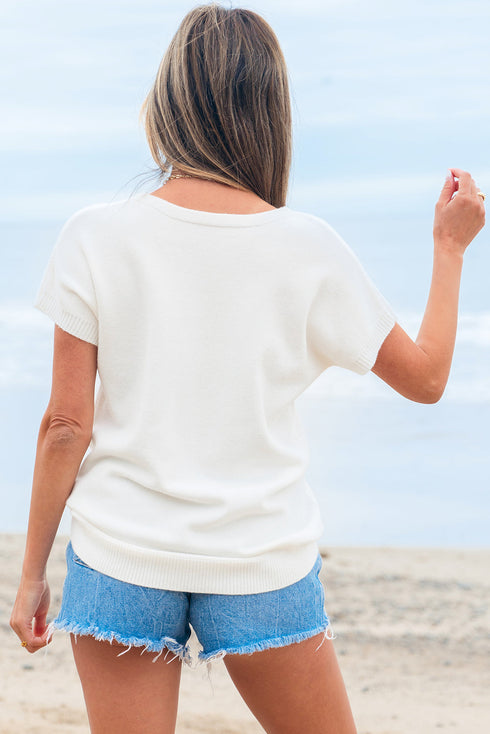 Relaxed Fit Short Sleeve Bow Motif Knit Sweater