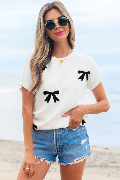 Relaxed Fit Short Sleeve Bow Motif Knit Sweater