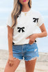 Relaxed Fit Short Sleeve Bow Motif Knit Sweater