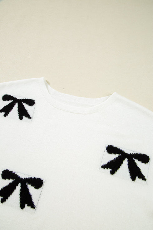 Relaxed Fit Short Sleeve Bow Motif Knit Sweater