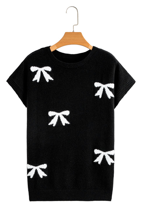 Relaxed Fit Short Sleeve Bow Motif Knit Sweater