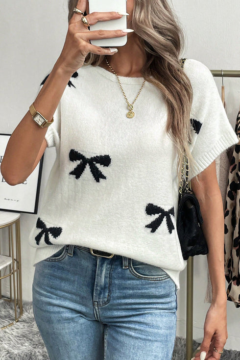 Relaxed Fit Short Sleeve Bow Motif Knit Sweater