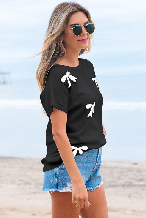 Relaxed Fit Short Sleeve Bow Motif Knit Sweater