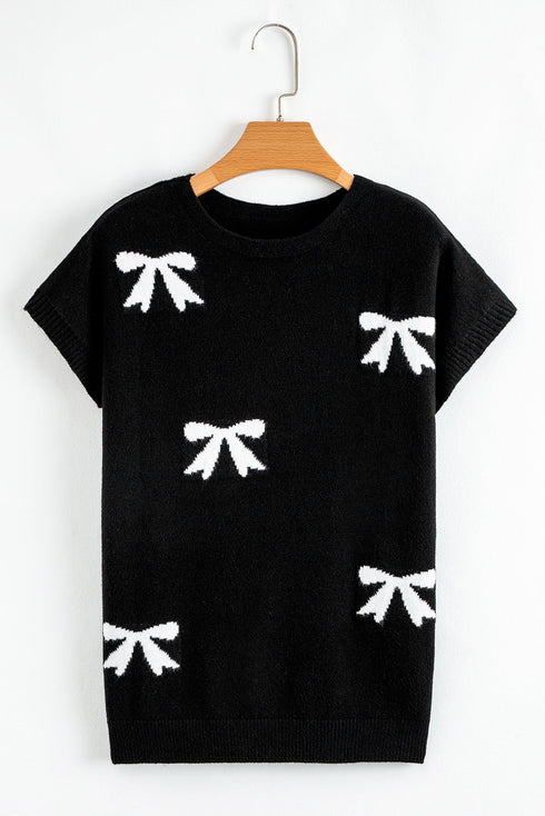 Relaxed Fit Short Sleeve Bow Motif Knit Sweater
