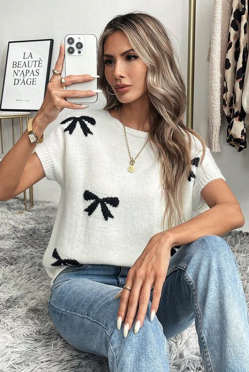 Relaxed Fit Short Sleeve Bow Motif Knit Sweater