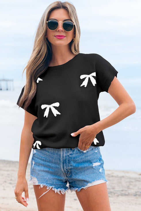 Relaxed Fit Short Sleeve Bow Motif Knit Sweater