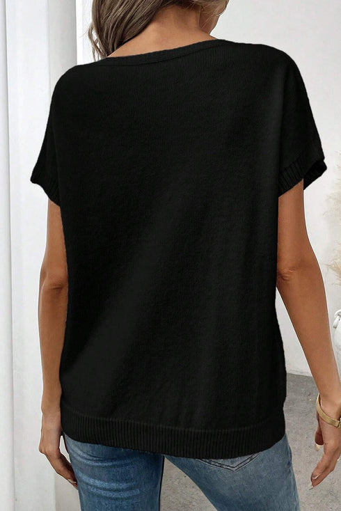 Relaxed Fit Short Sleeve Bow Motif Knit Sweater