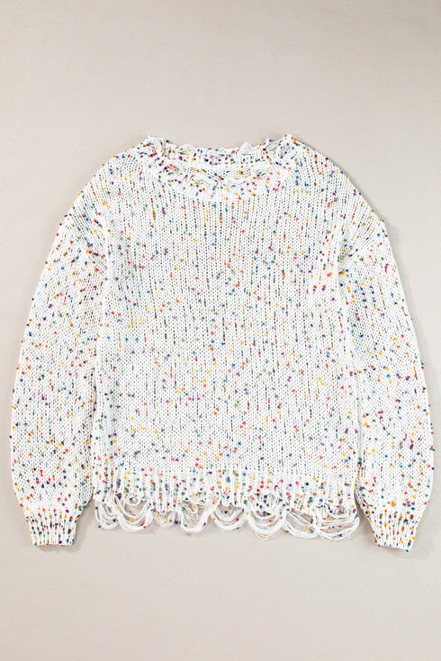 Relaxed Fit Speckled Knit Distressed Hem Sweater
