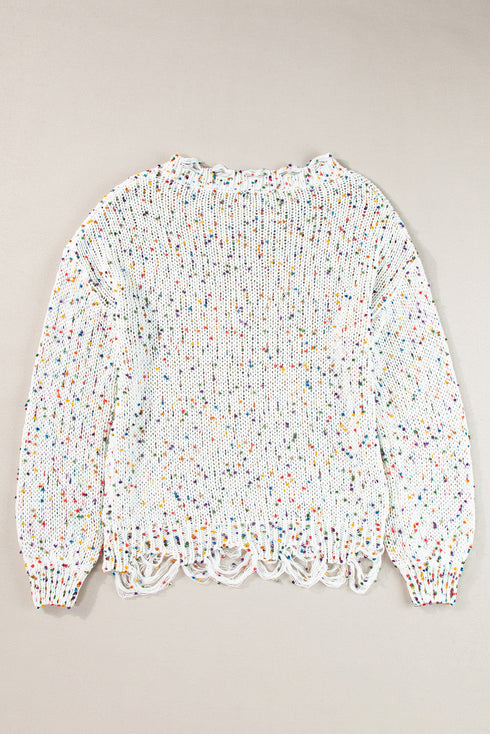 Relaxed Fit Speckled Knit Distressed Hem Sweater