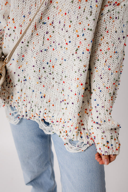 Relaxed Fit Speckled Knit Distressed Hem Sweater