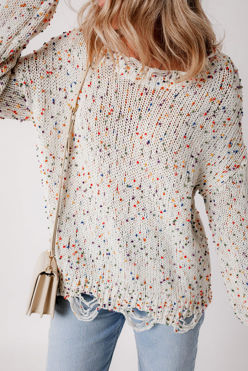 Relaxed Fit Speckled Knit Distressed Hem Sweater