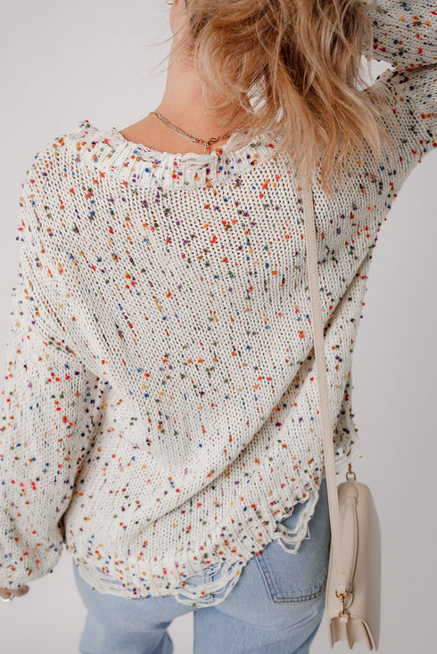 Relaxed Fit Speckled Knit Distressed Hem Sweater
