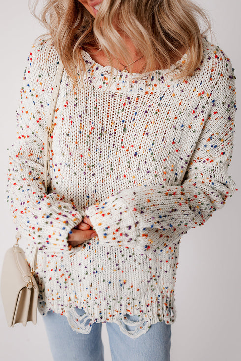 Relaxed Fit Speckled Knit Distressed Hem Sweater