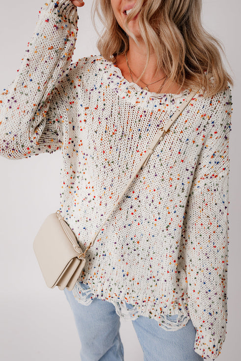 Relaxed Fit Speckled Knit Distressed Hem Sweater