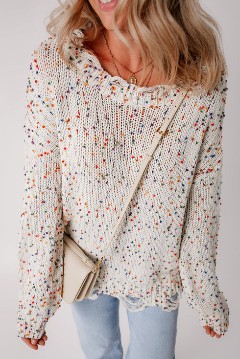 Relaxed Fit Speckled Knit Distressed Hem Sweater