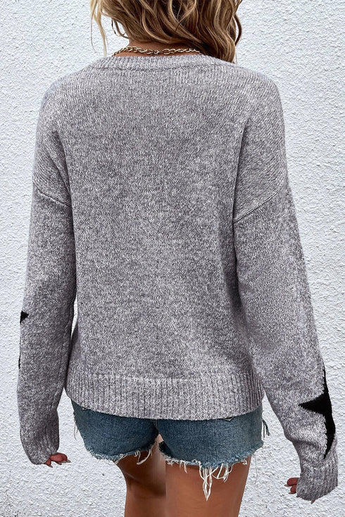 Relaxed Fit Star Print Crew Neck Knit Pullover Sweater