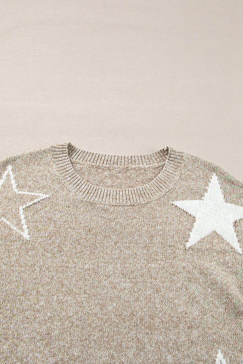 Relaxed Fit Star Print Crew Neck Knit Pullover Sweater