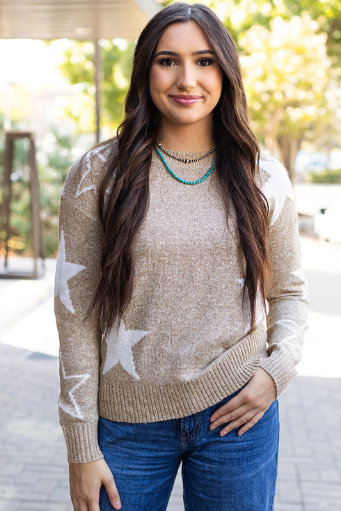 Relaxed Fit Star Print Crew Neck Knit Pullover Sweater