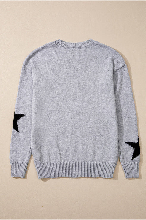 Relaxed Fit Star Print Crew Neck Knit Pullover Sweater