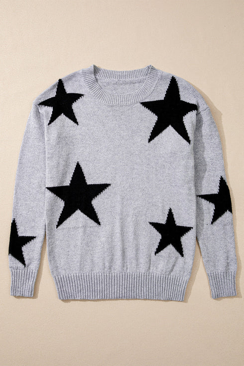 Relaxed Fit Star Print Crew Neck Knit Pullover Sweater