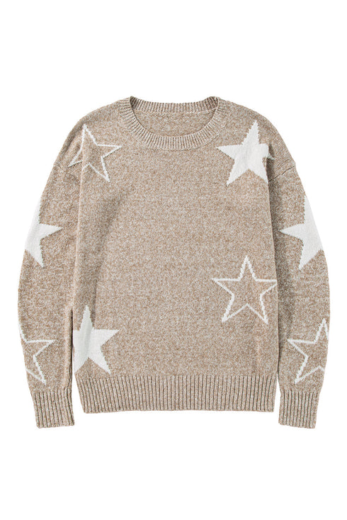 Relaxed Fit Star Print Crew Neck Knit Pullover Sweater