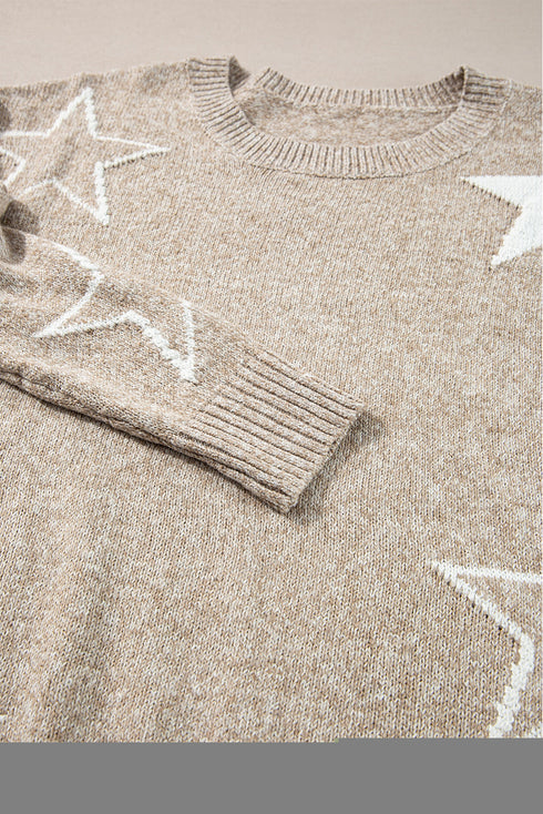 Relaxed Fit Star Print Crew Neck Knit Pullover Sweater