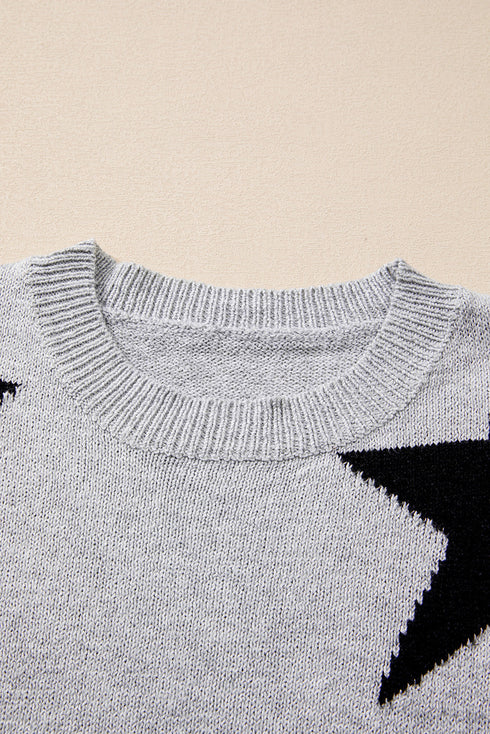 Relaxed Fit Star Print Crew Neck Knit Pullover Sweater