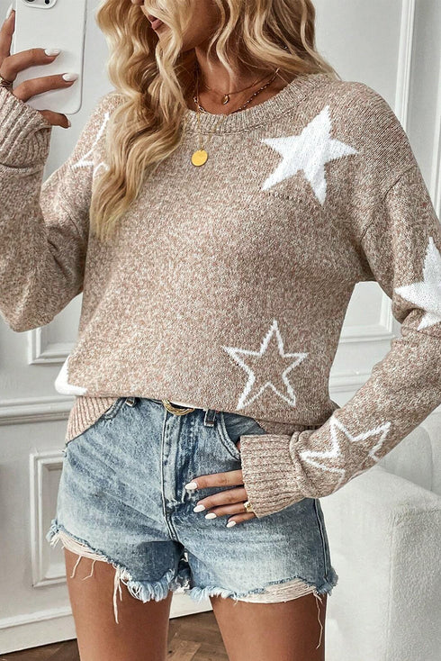 Relaxed Fit Star Print Crew Neck Knit Pullover Sweater