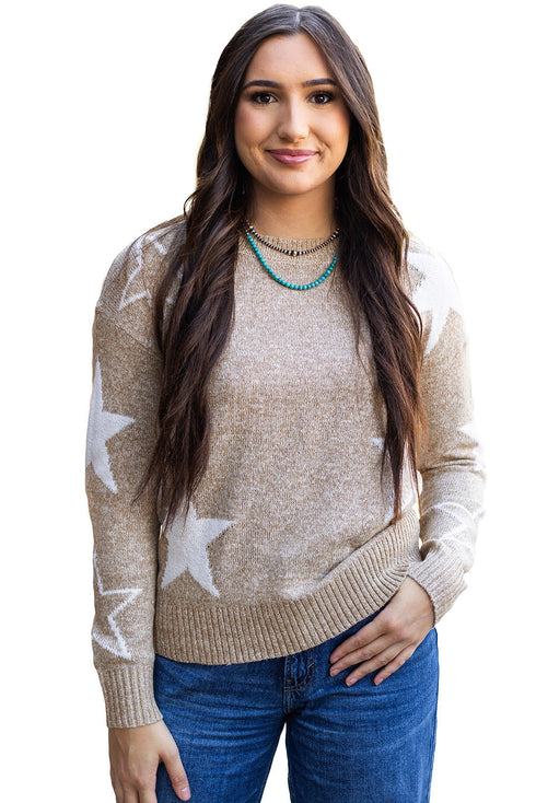 Relaxed Fit Star Print Crew Neck Knit Pullover Sweater