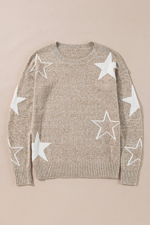 Relaxed Fit Star Print Crew Neck Knit Pullover Sweater