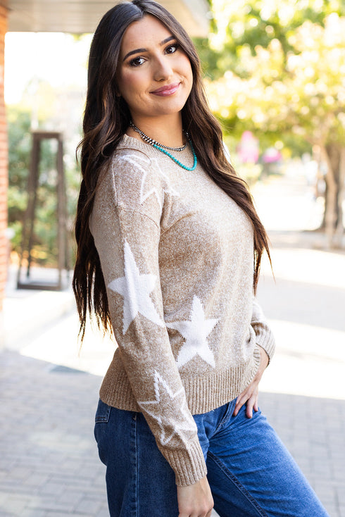 Relaxed Fit Star Print Crew Neck Knit Pullover Sweater