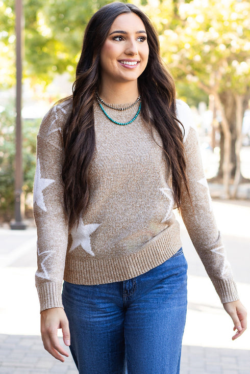 Relaxed Fit Star Print Crew Neck Knit Pullover Sweater