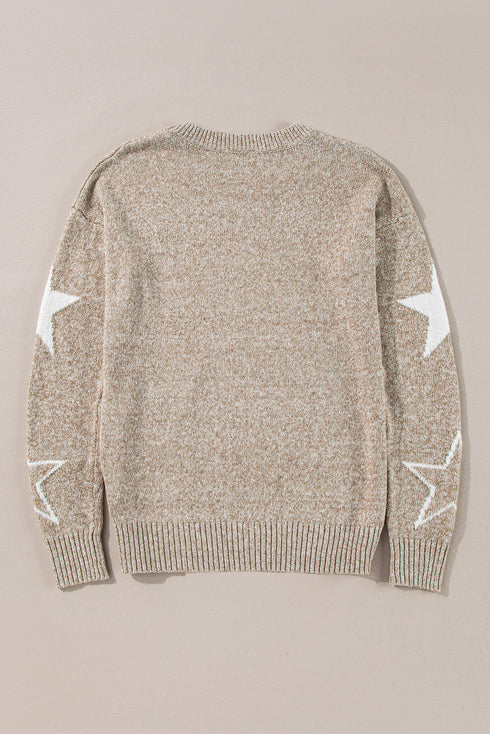 Relaxed Fit Star Print Crew Neck Knit Pullover Sweater