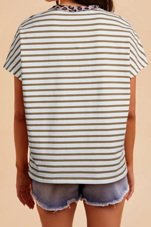 Relaxed Fit Stripe And Leopard Patchwork Cotton Tee